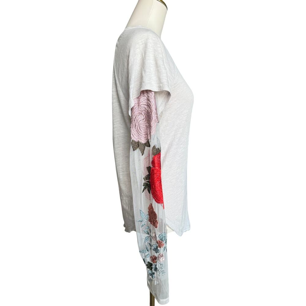 Free People Embroidered Mesh Sleeve Tee Boho Romantic Floral Top Size Medium - Picture 5 of 14